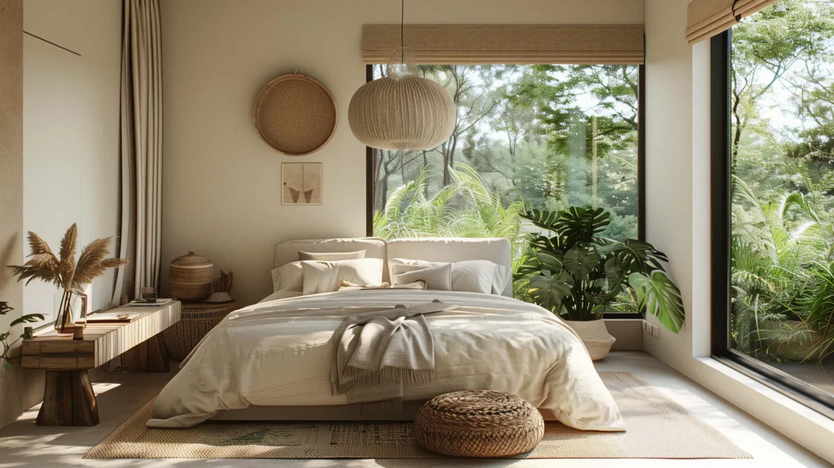 Serene bedroom in warm neutral tones with linen bedding, woven pendant light and a full-height window onto greenery