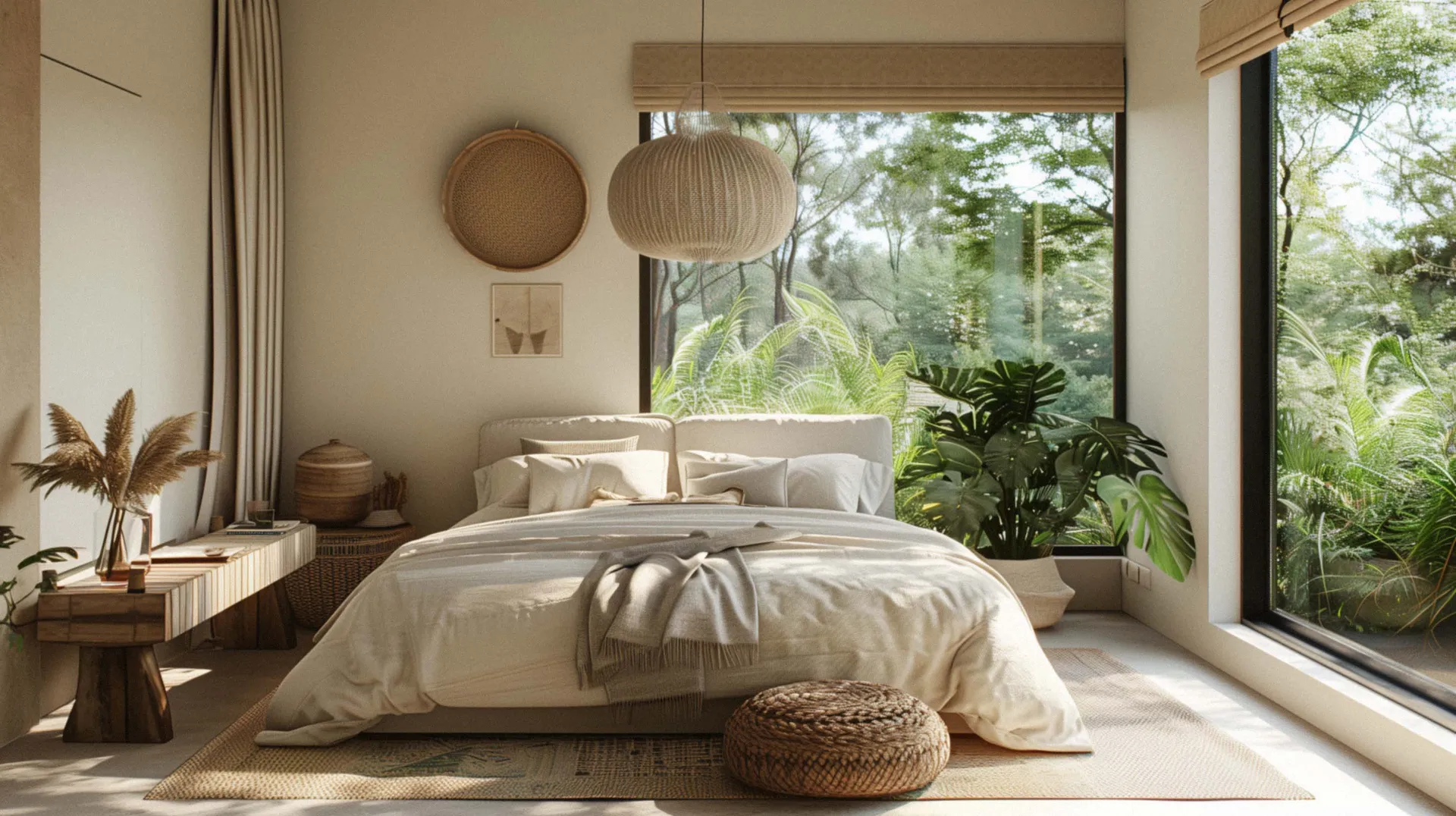 Serene bedroom in warm neutral tones with linen bedding and a full-height window onto greenery