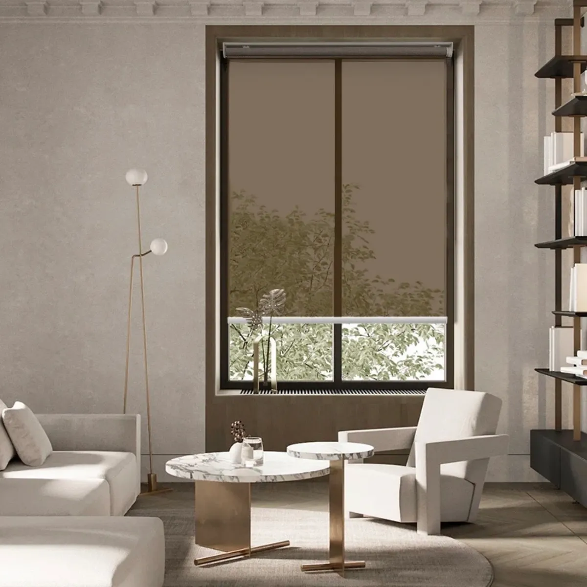 Living room window with a bronze motorized shade partially lowered beside a floor lamp and armchair