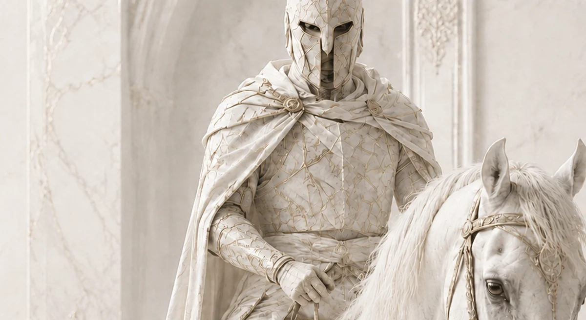 Posh Specter's Beyond the Veil site: a marble knight on horseback beside a bold serif headline